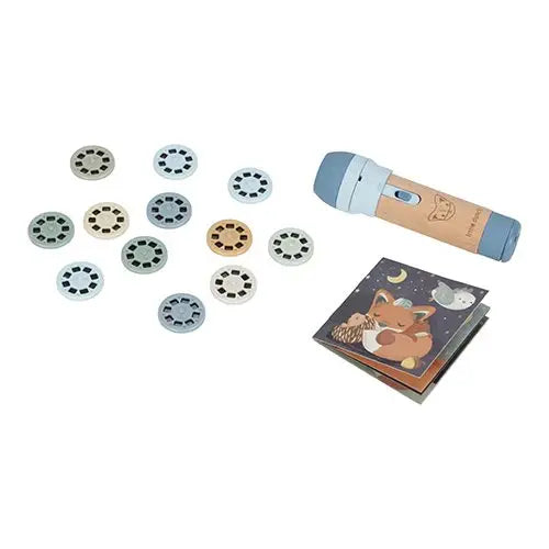 Little Dutch | Bedtime Stories | Zaklamp met Houten Handvat | Mini Projector | Blauw | 13 dlg | 4+
