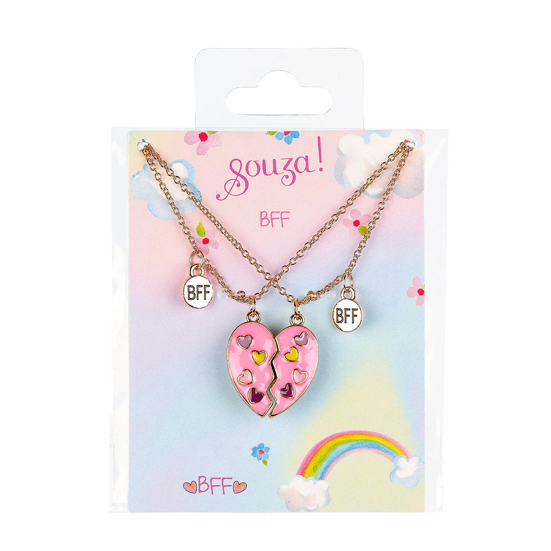 Souza BFF-set met twee kettingen en roze harthelften op een kaartje.