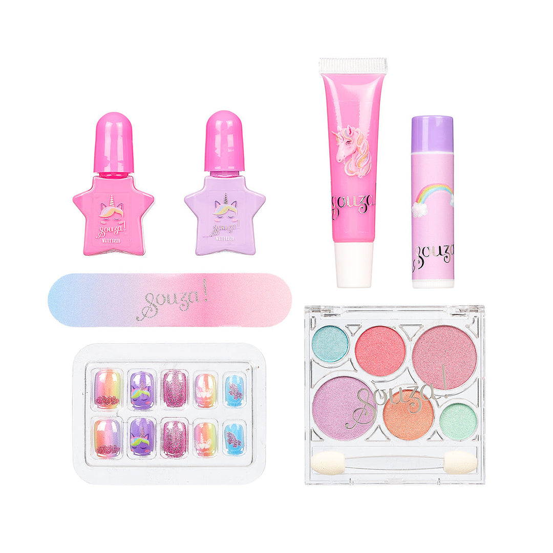 Souza beautyset Unicorn met nagellak en make-up, met de losse onderdelen naast elkaar.