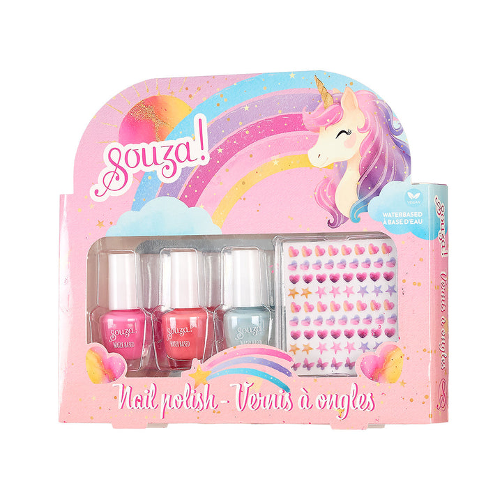Souza Unicorn Nagellackset in der Verpackung mit drei Fläschchen und Nagelstickern.