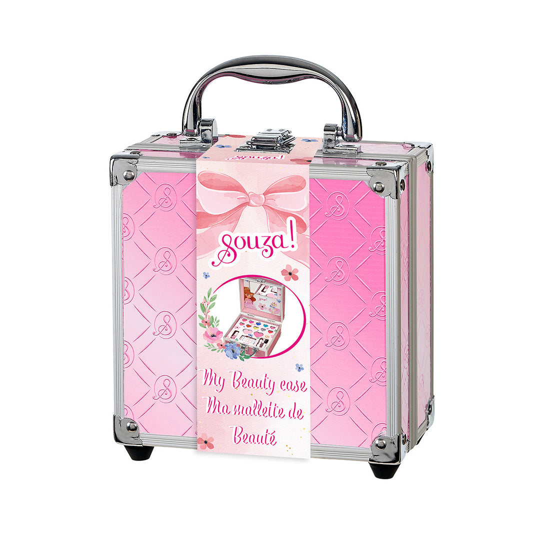Gesloten roze Souza Princess-beautycase met handvat en papieren productband.