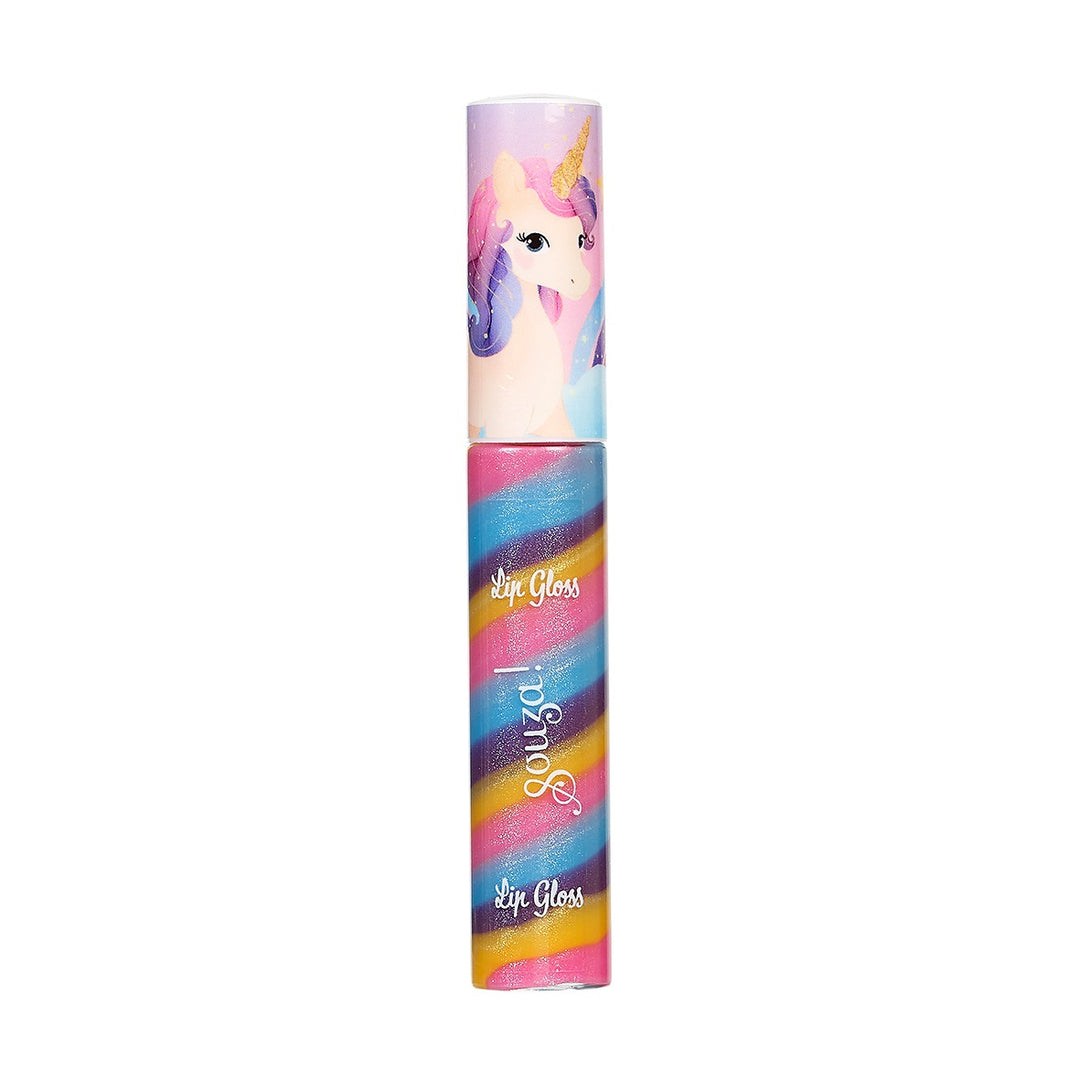 Souza Unicorn Swirl lip gloss with a unicorn cap and colourful spiral.