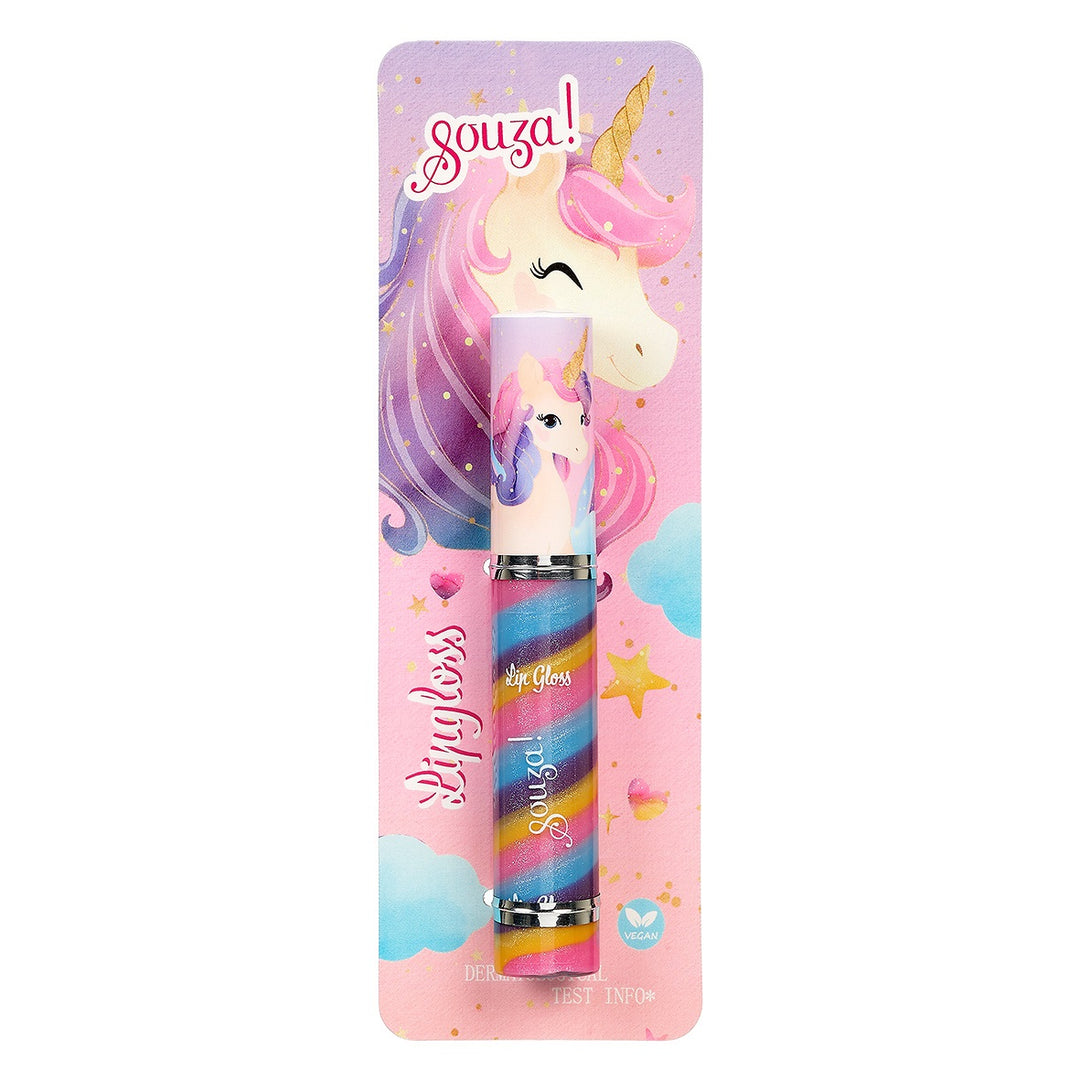 Souza Unicorn Swirl lip gloss on a pink card with a unicorn illustration.
