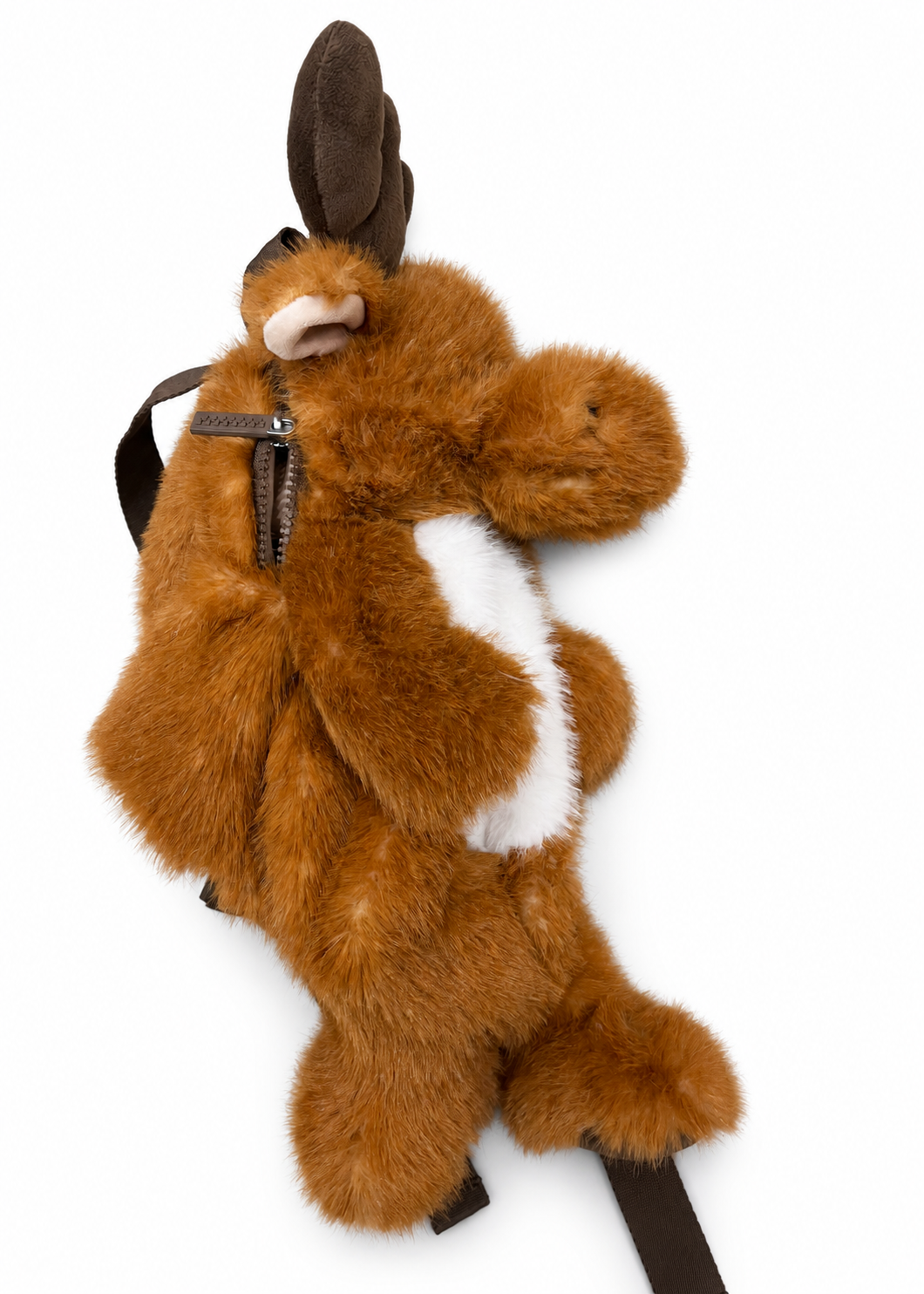 Side view of the Cute by Felix plush reindeer backpack with zipped compartment