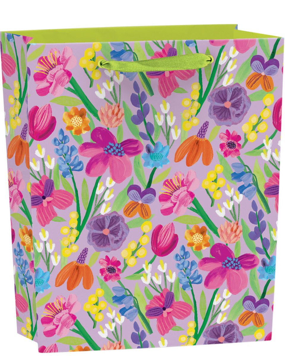 Roger La Borde cadeautas Floral Supernova, Medium, met kleurrijke bloemen en bladeren op een lichtgroene achtergrond.