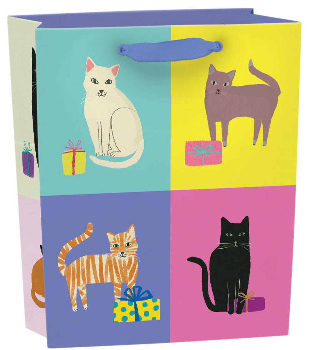 Roger La Borde Geschenktasche Cat Etiquette, Small, Hochformat, mit verschiedenen Katzen in leuchtend bunten Feldern.