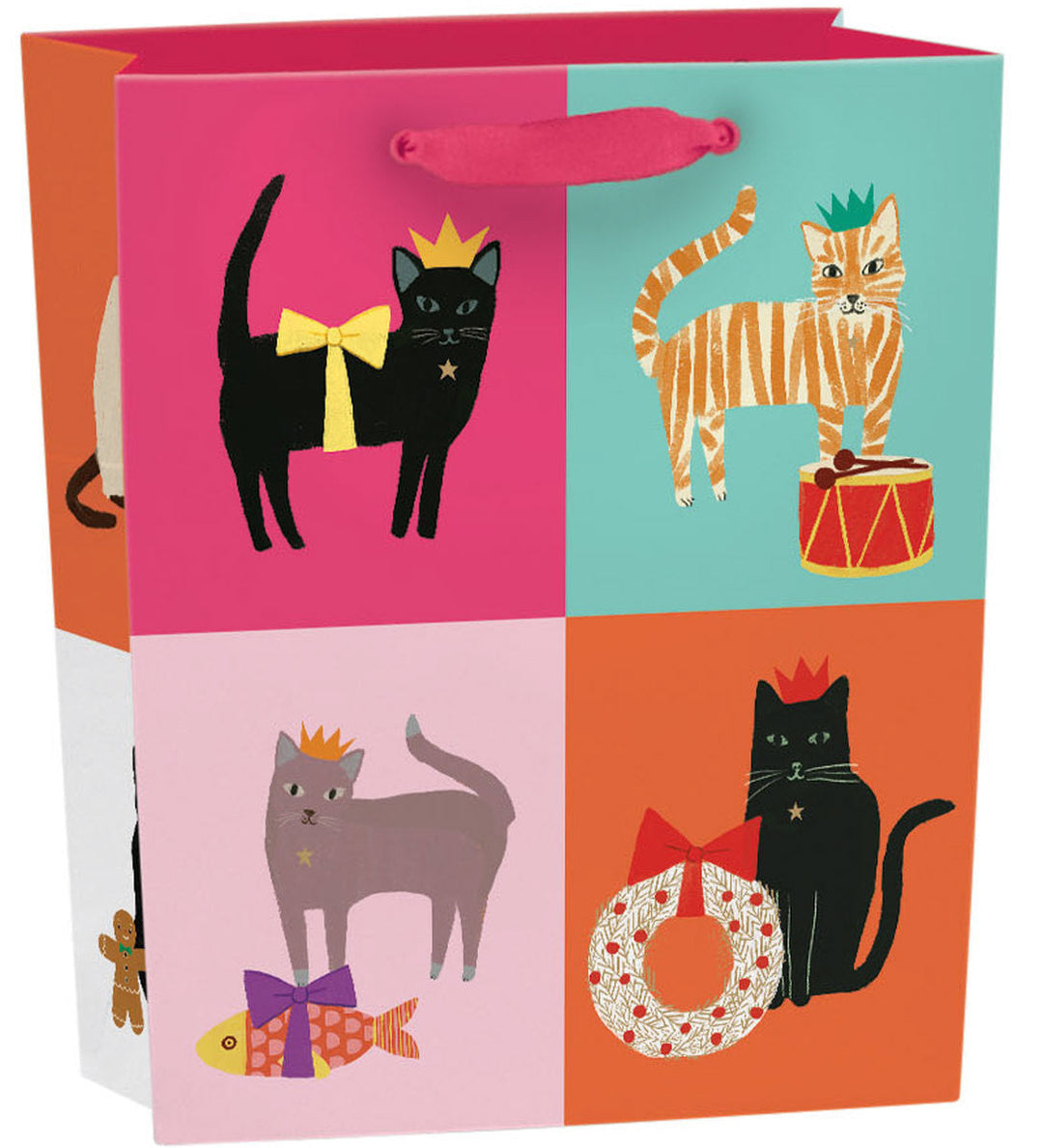Roger La Borde Geschenktasche Cozy Cats, Small, Hochformat, mit Katzen mit Geschenken und festlichen Accessoires in bunten Feldern.