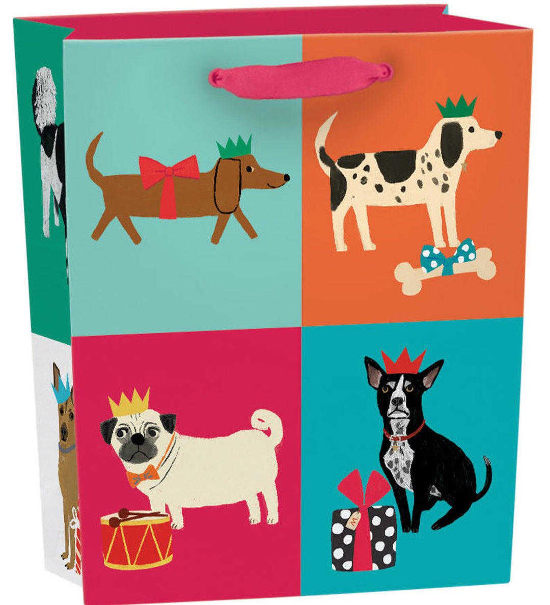 Roger La Borde cadeautas Pooch Perfection, Small, staand, met honden met cadeautjes en feestelijke accessoires in kleurrijke vakken.