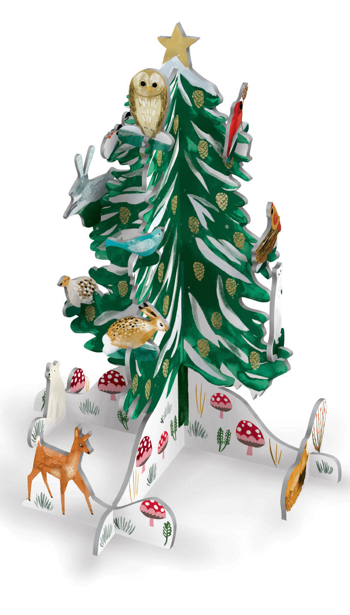 Opgebouwde Roger La Borde Conifer met een groene kerstboom met een ster en bosdieren.