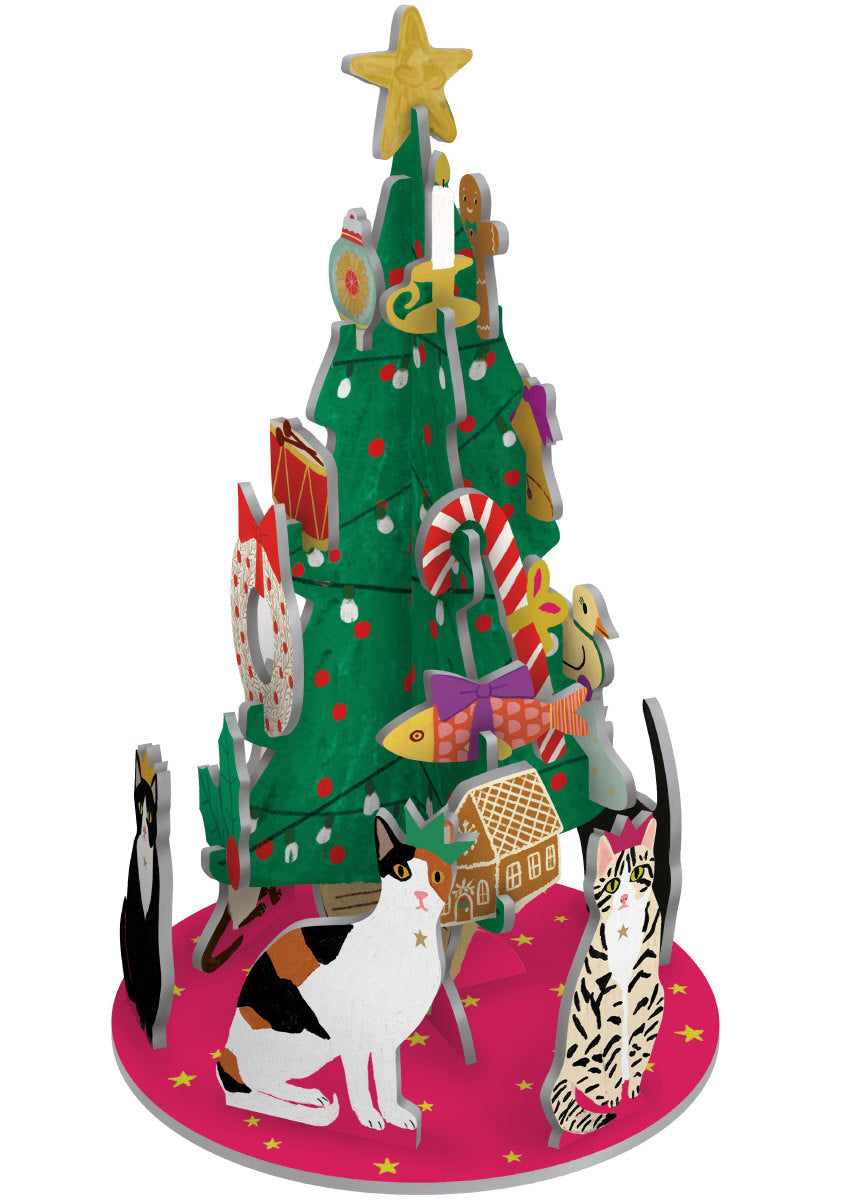 Opgebouwde Roger La Borde Cozy Cat Tree Petite met een kerstboom met katten, cadeautjes en een gouden ster.