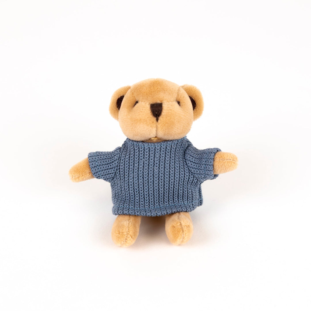 Vorderansicht des Egmont Toys Plüschbären Alexis im blauen Pullover