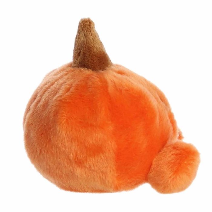 Achteraanzicht van de oranje Aurora Palm Pals-pompoenknuffel met bruine steel, op witte achtergrond.