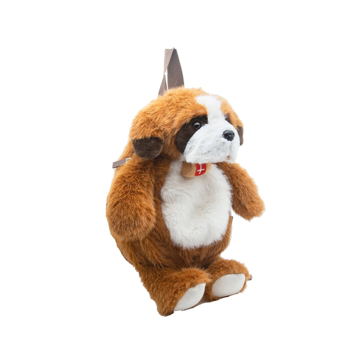 Three-quarter front view of the St. Bernard plush backpack