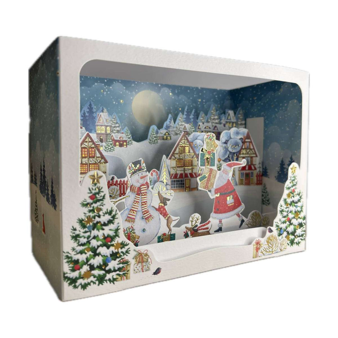 Carte de Noël Signature | Père Noël et bonhomme de neige au village | 14.5 × 11 cm