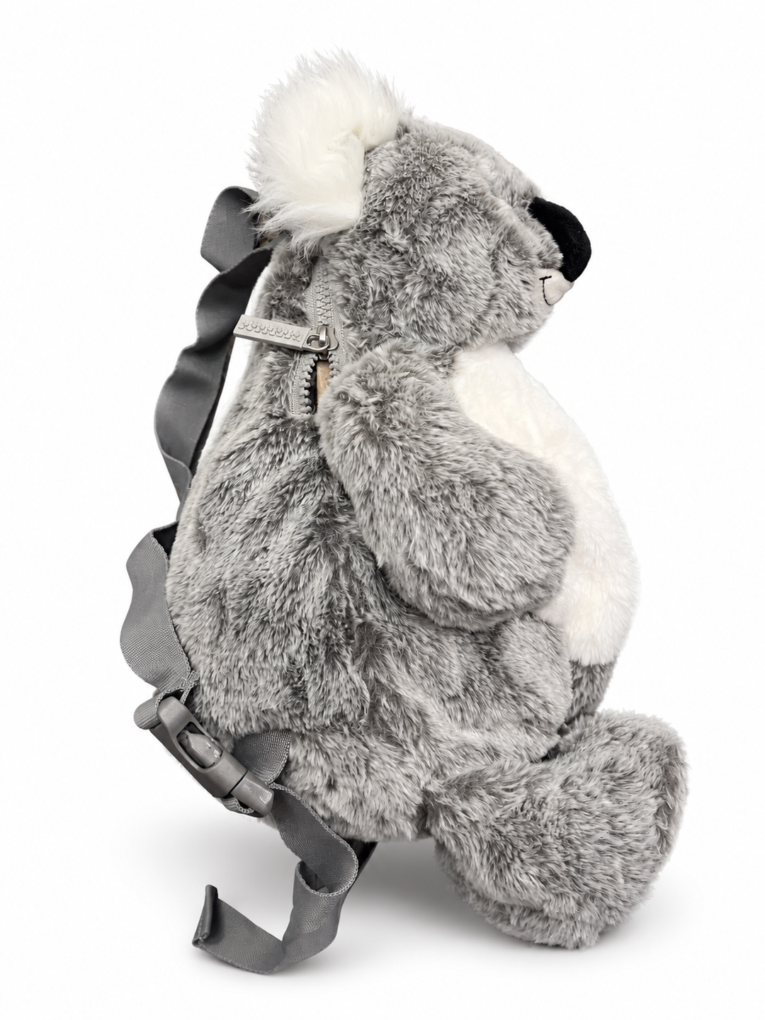 Sac à dos koala en peluche Cute by Felix – vue de profil avec fermeture éclair et bretelle grise