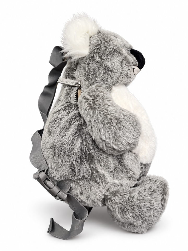 Sac à dos koala en peluche Cute by Felix – vue de profil avec fermeture éclair et bretelle grise