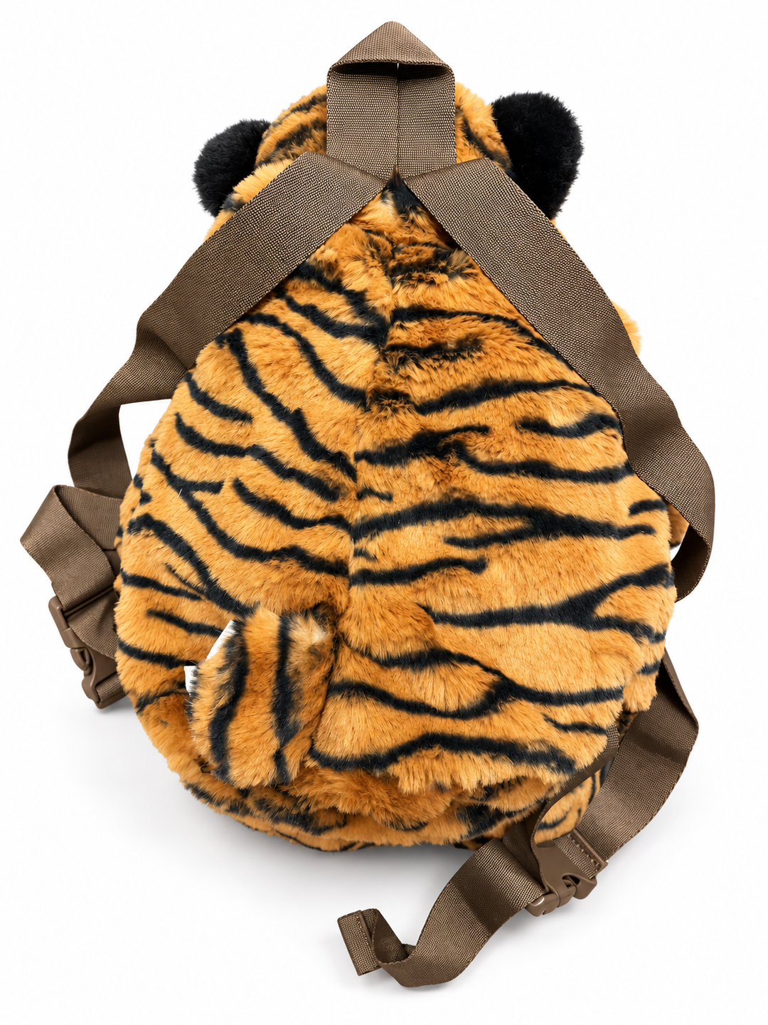 Cute by Felix plush tiger backpack – rear view with brown shoulder straps, carry handle and striped tail
