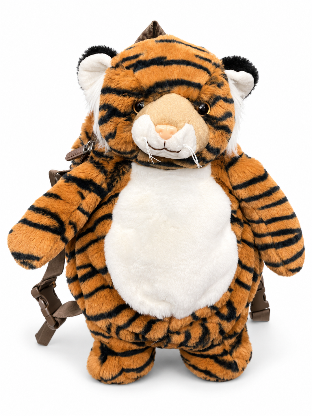 Cute by Felix plush tiger backpack – front view with orange and black stripes and white tummy