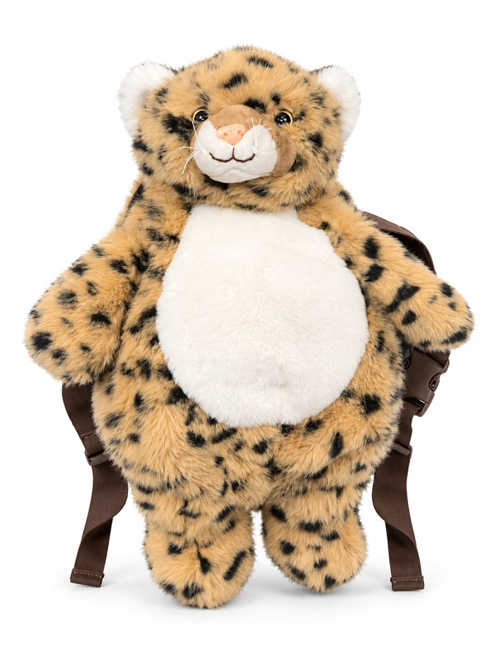 Cute by Felix plush leopard backpack – front view with spotted fur and white tummy