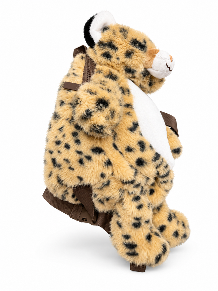 Cute by Felix plush leopard backpack – side view with zip and brown strap