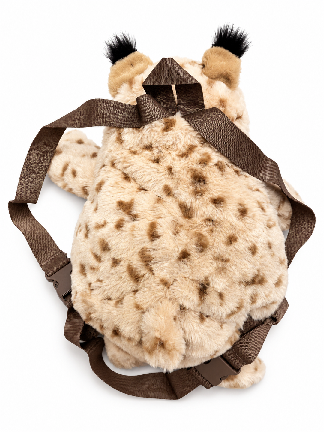 Cute by Felix plush lynx backpack – rear view with brown shoulder straps and carry handle