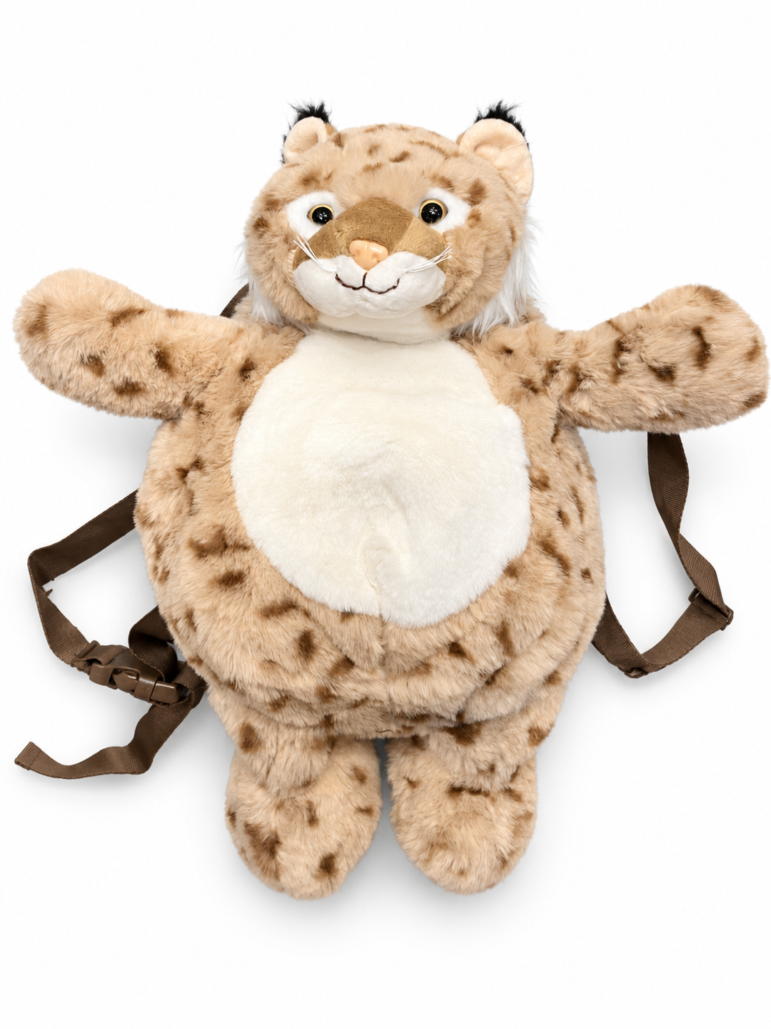 Cute by Felix plush lynx backpack – front view with beige spotted fur and white tummy