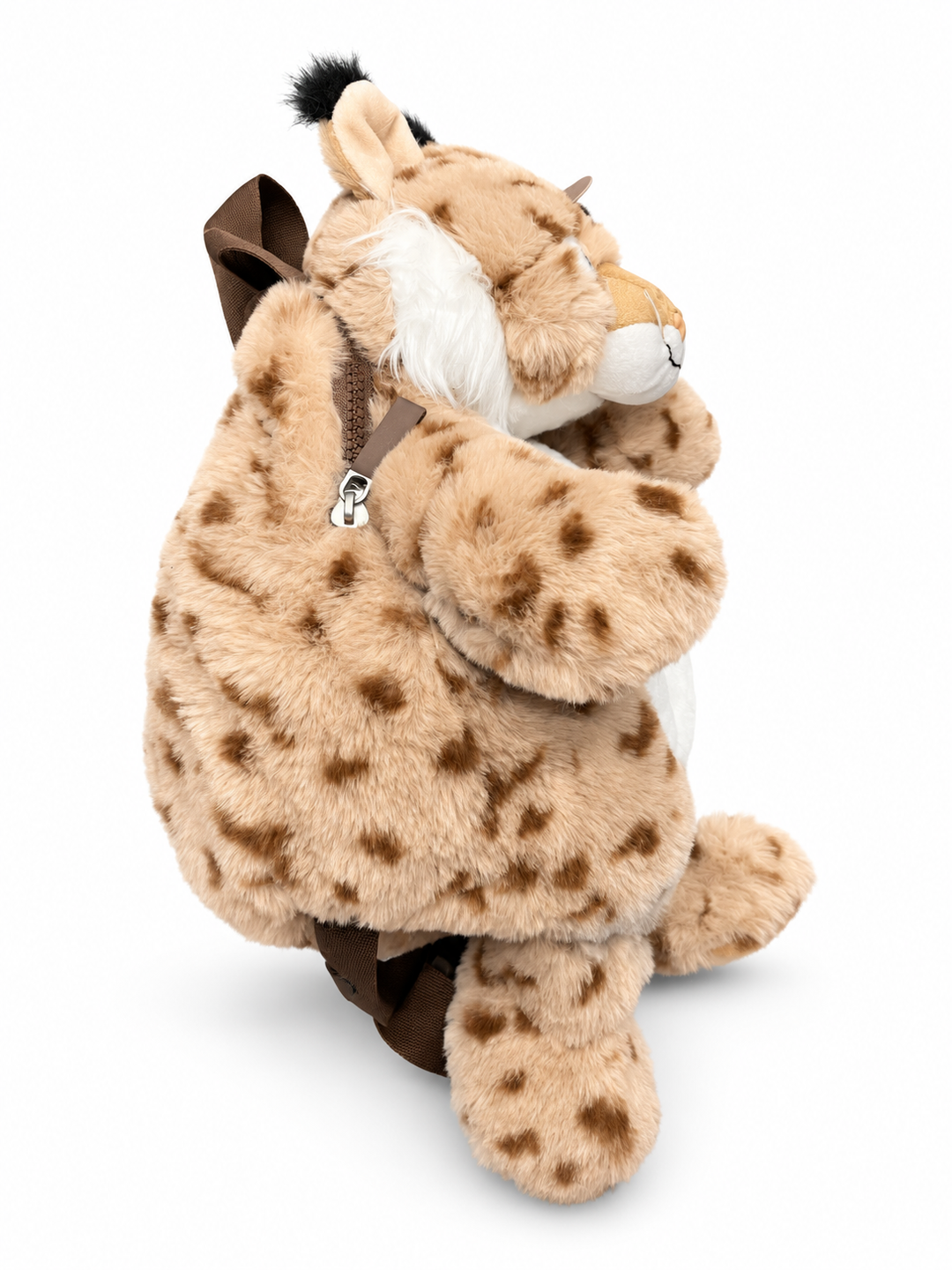 Cute by Felix plush lynx backpack – side view with zip and white cheek tufts