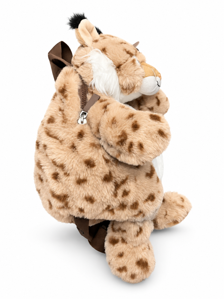 Cute by Felix plush lynx backpack – side view with zip and white cheek tufts