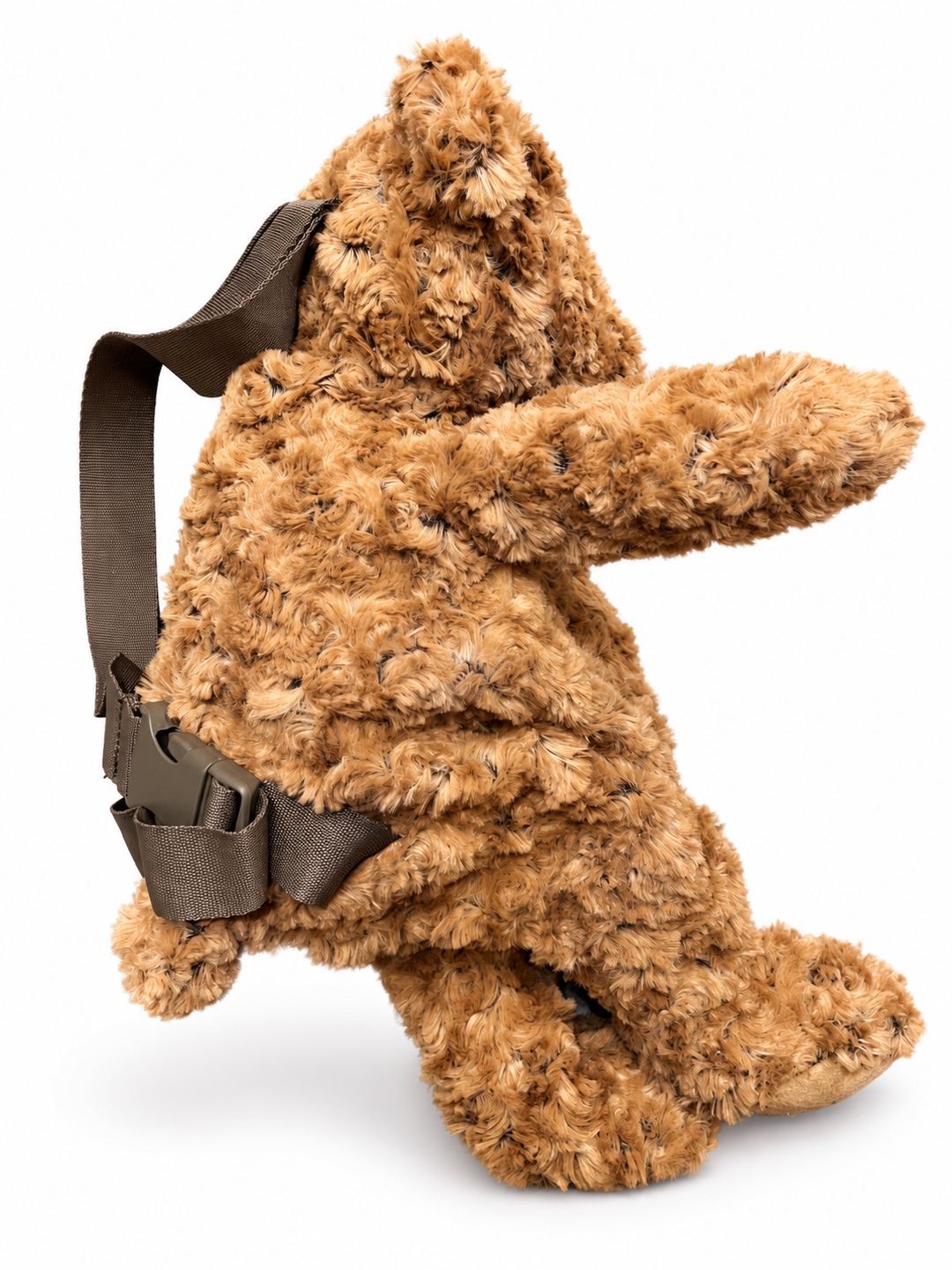 Cute by Felix pluche berenrugzak – zijaanzicht met bruine draagband en gesp