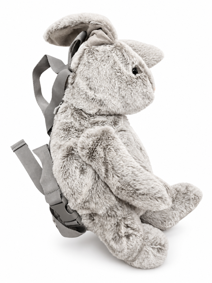 Sac à dos lapin en peluche Cute by Felix – vue de profil avec longues oreilles et sangle grise