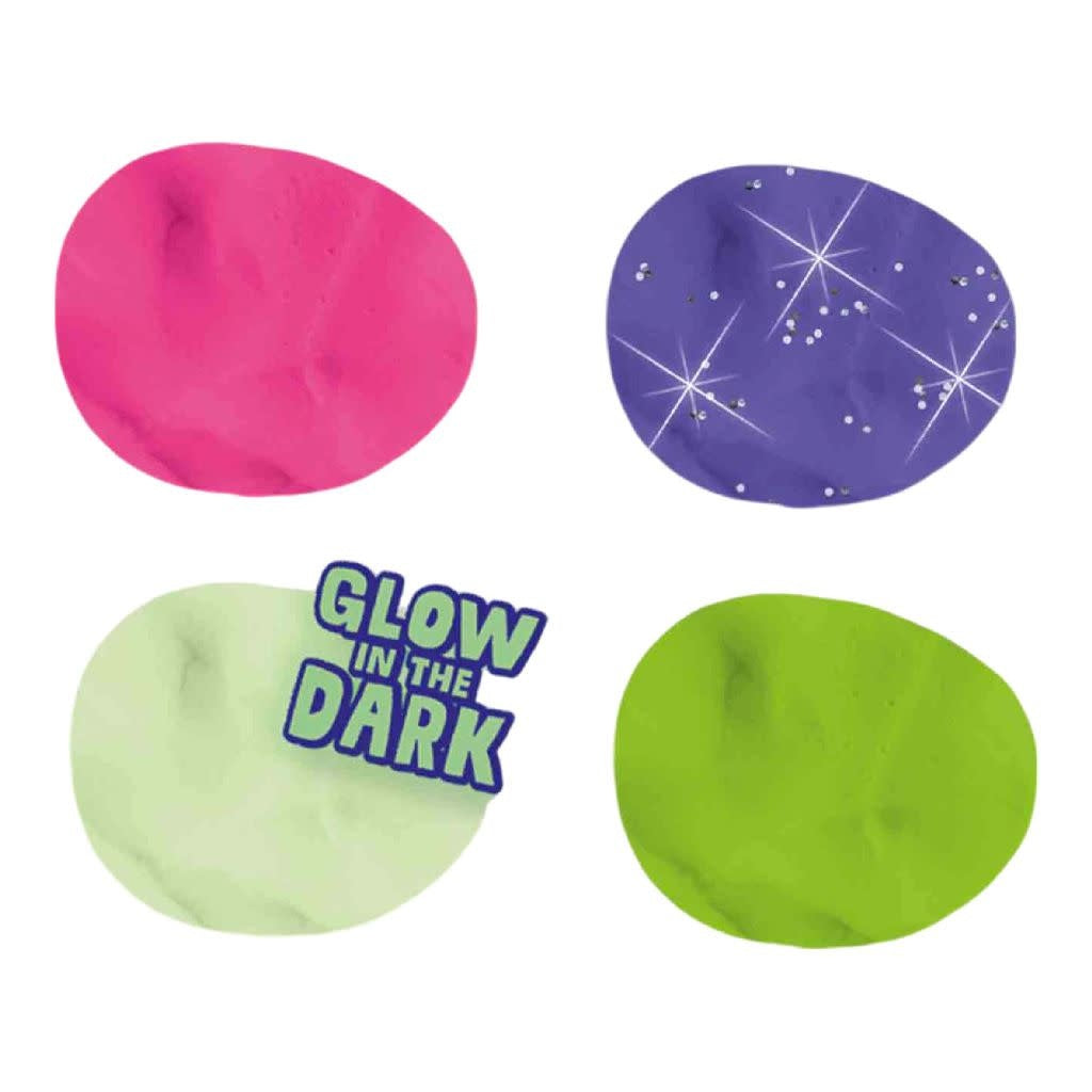SES Glow-klei in roze, glitterpaars, lichtgroen en een glow-in-the-dark-kleur