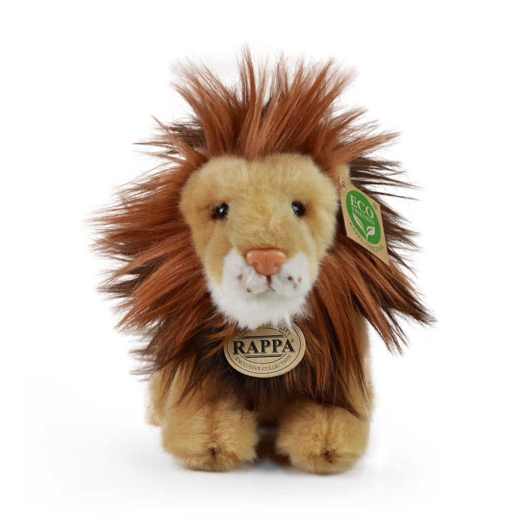 Vorderansicht des sitzenden Rappa ECO-Plüschlöwen, 18 cm