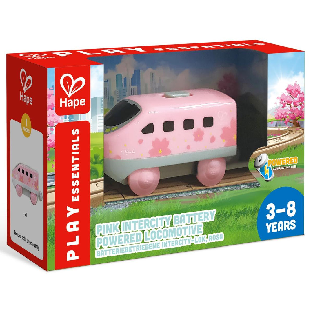 Verpakking van de roze Hape Intercity-locomotief