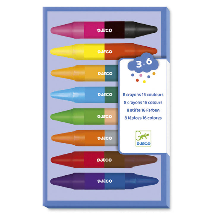 Djeco | 8 Twins Crayons | 16 Kleuren | Waskrijt | 3+
