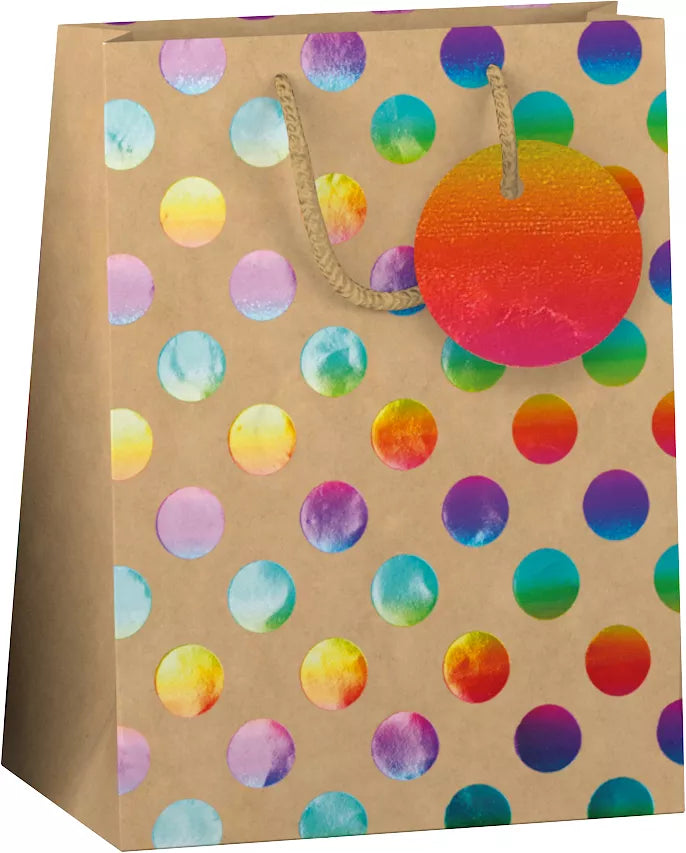 Gift Bag | Paper Gift Bag | Size M | 17.5 x 9.8 x 22.9 cm | Kraft Rainbow Dots