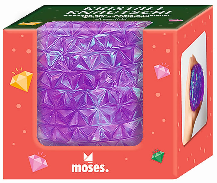 Balle anti-stress violette Moses à relief cristallin dans son emballage.