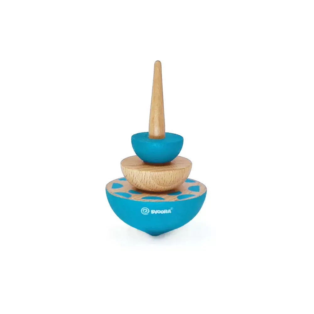 Blauw met houten geometrische tol van Svoora rechtop