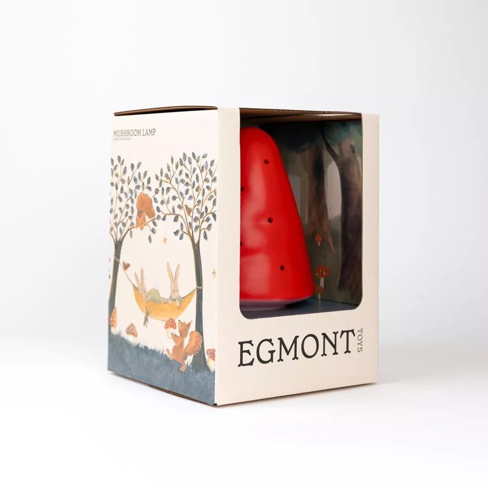 Rode Egmont paddenstoellamp in de doos met kijkvenster