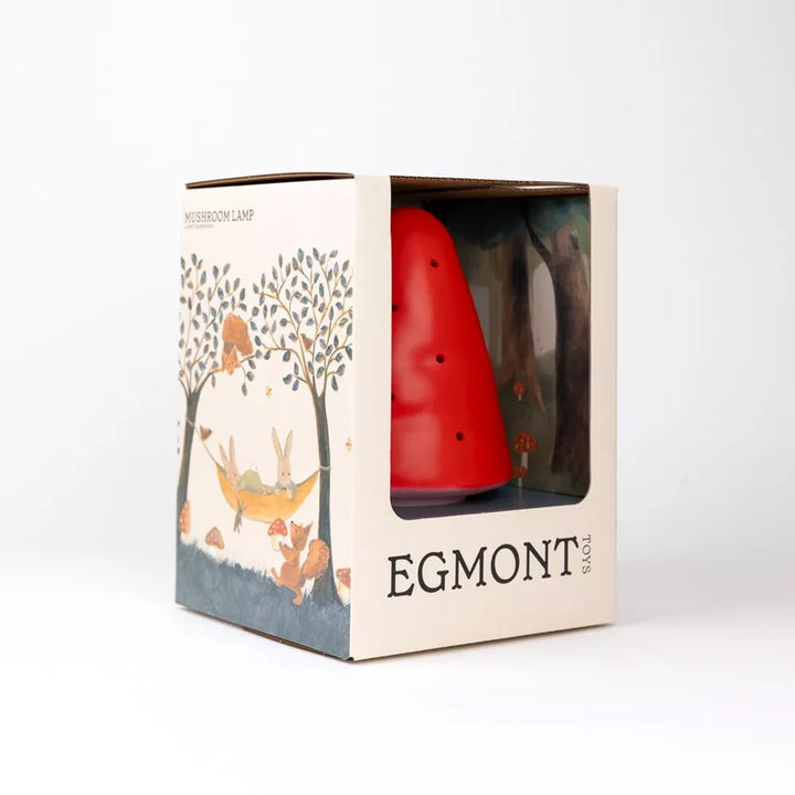 Rode Egmont paddenstoellamp in de doos met kijkvenster