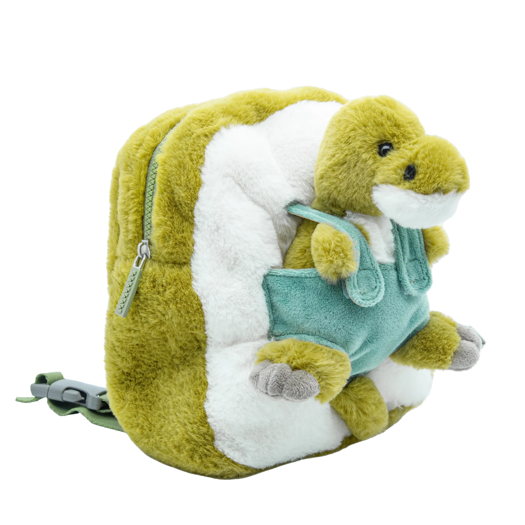 Side view of the army-green dinosaur backpack with zip compartment