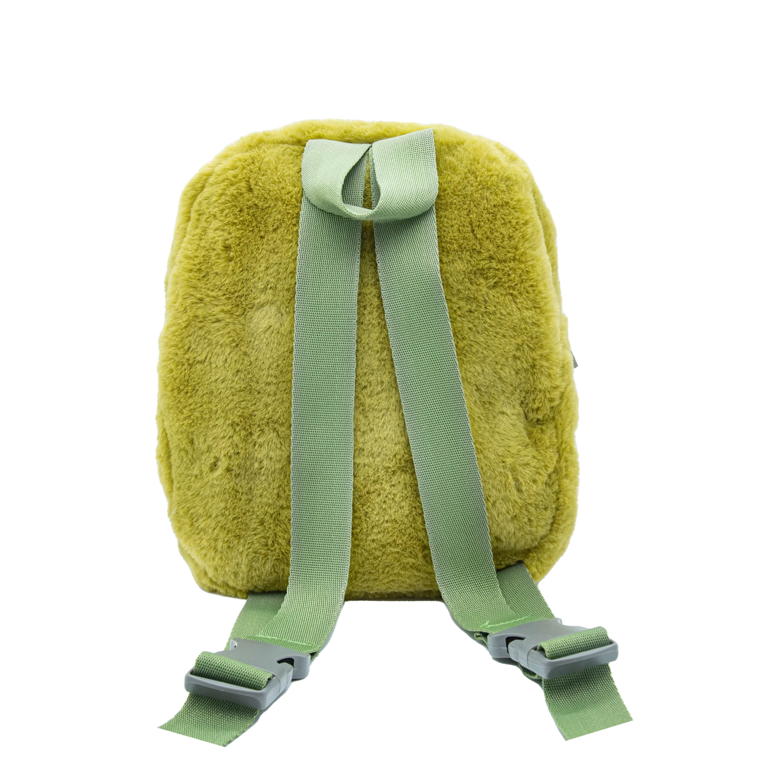 Back of the army-green dinosaur backpack with adjustable shoulder straps