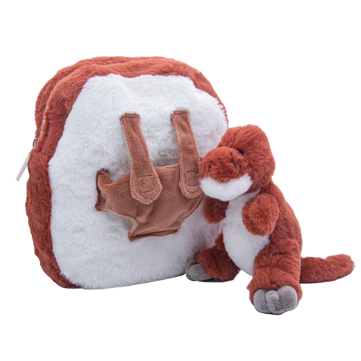 Red-brown dinosaur backpack with the small dinosaur removed from the front pocket