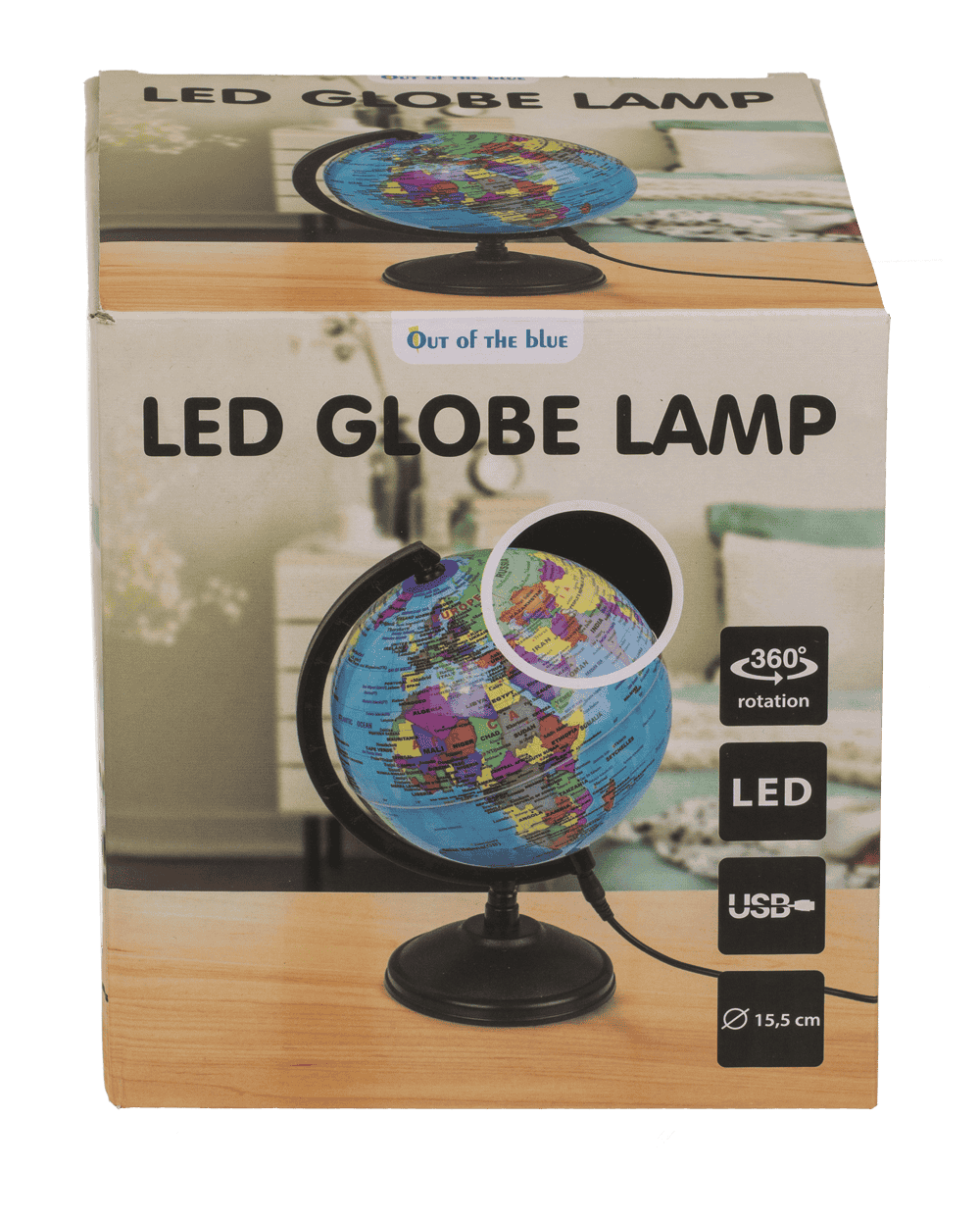 LED-tafellamp wereldbol van 15,5 cm met de verpakking
