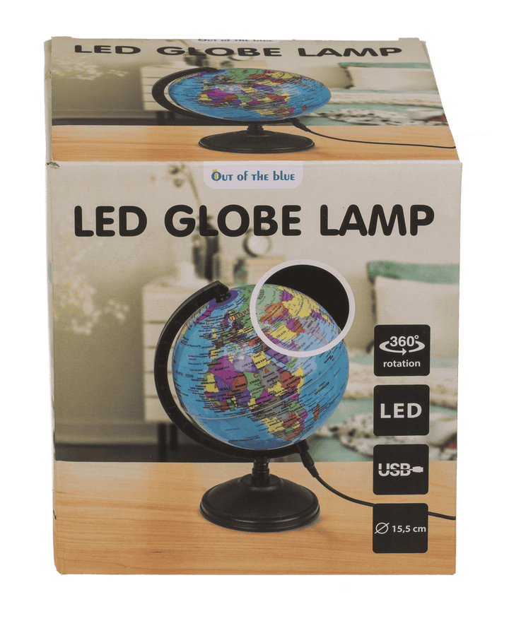LED-tafellamp wereldbol van 15,5 cm met de verpakking