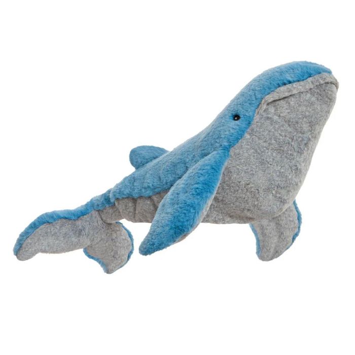 Front view of the light blue Aurora Borealis whale plush with grey belly and fins on a white background.