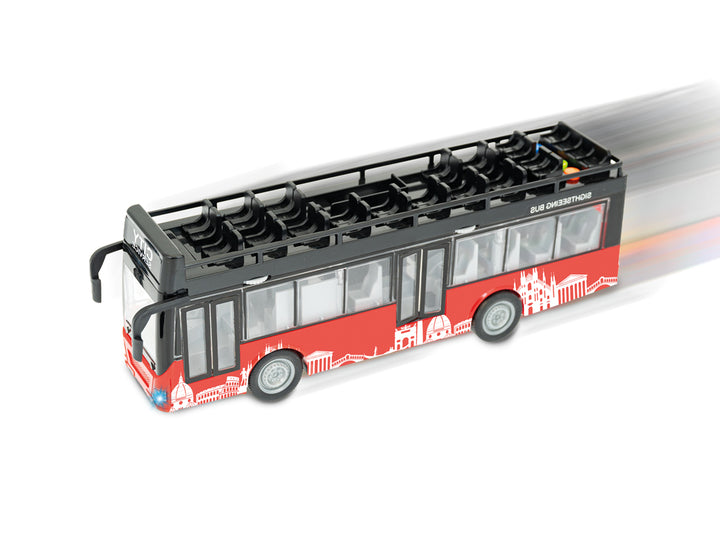 Red Teorema Play City sightseeing bus with open upper deck and city illustrations