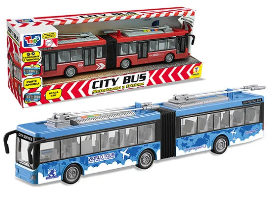Blue Teorema Play City articulated bus beside packaging showing the red version