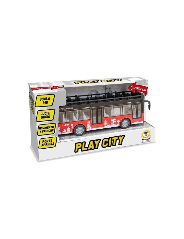 Red Teorema Play City panoramic bus at 1:16 scale in its packaging
