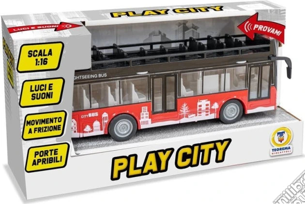 Red Teorema Play City panoramic bus shown at an angle in its packaging
