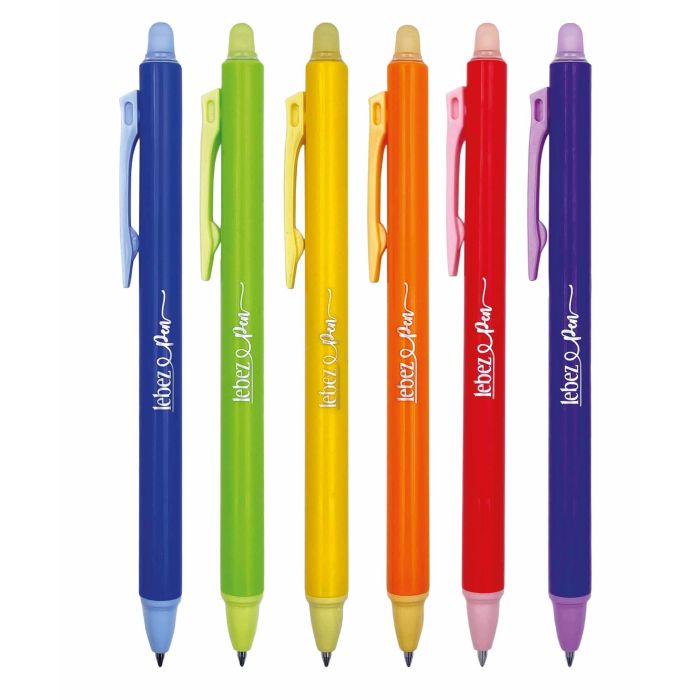 Sechs Lebez Opsypen-Stifte mit Clip und Radierer in Blau, Grün, Gelb, Orange, Rot und Lila.